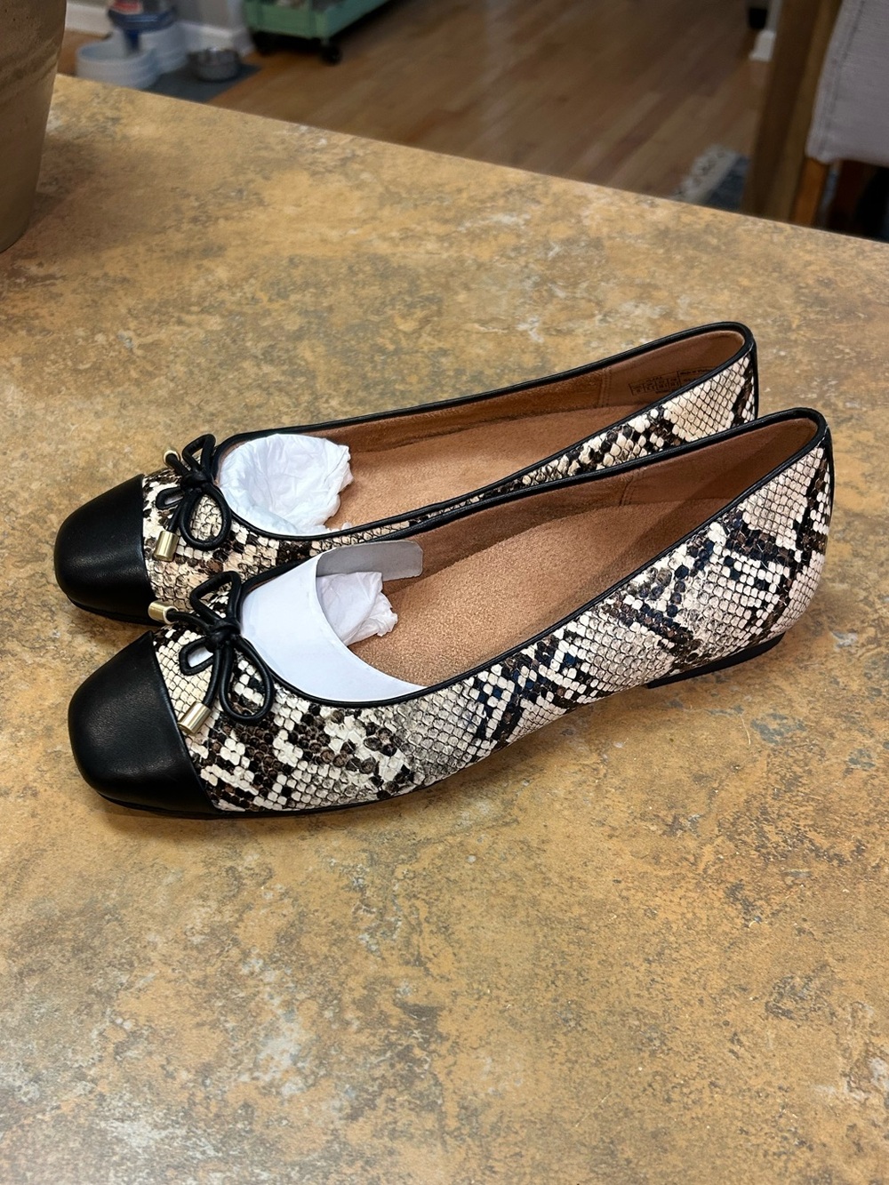 Vionic Klara Black & Snake-Print Ballet Flats with Bow - Picture 6 of 12
